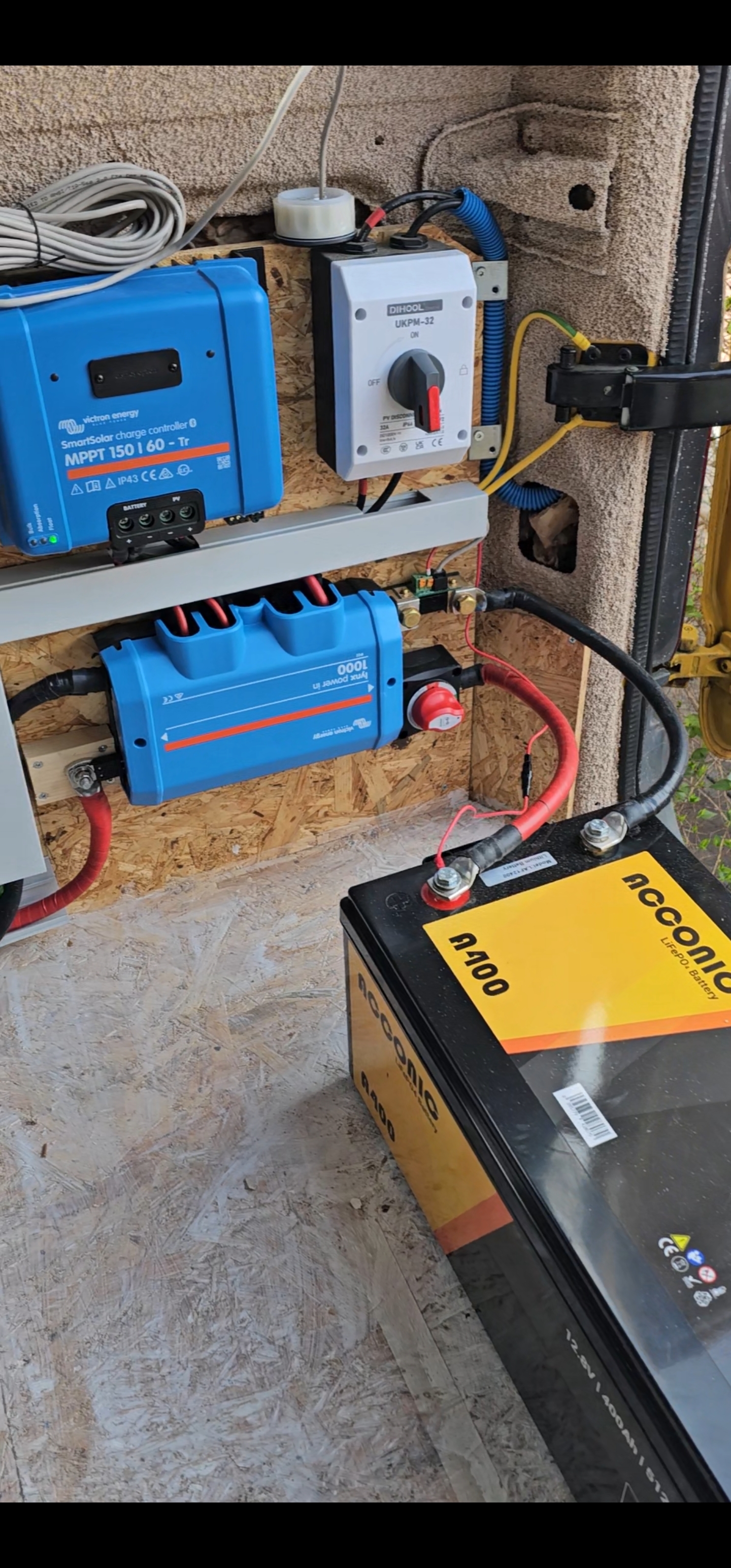 Batterie lithium et équipements électriques installés sous le siège d’un van