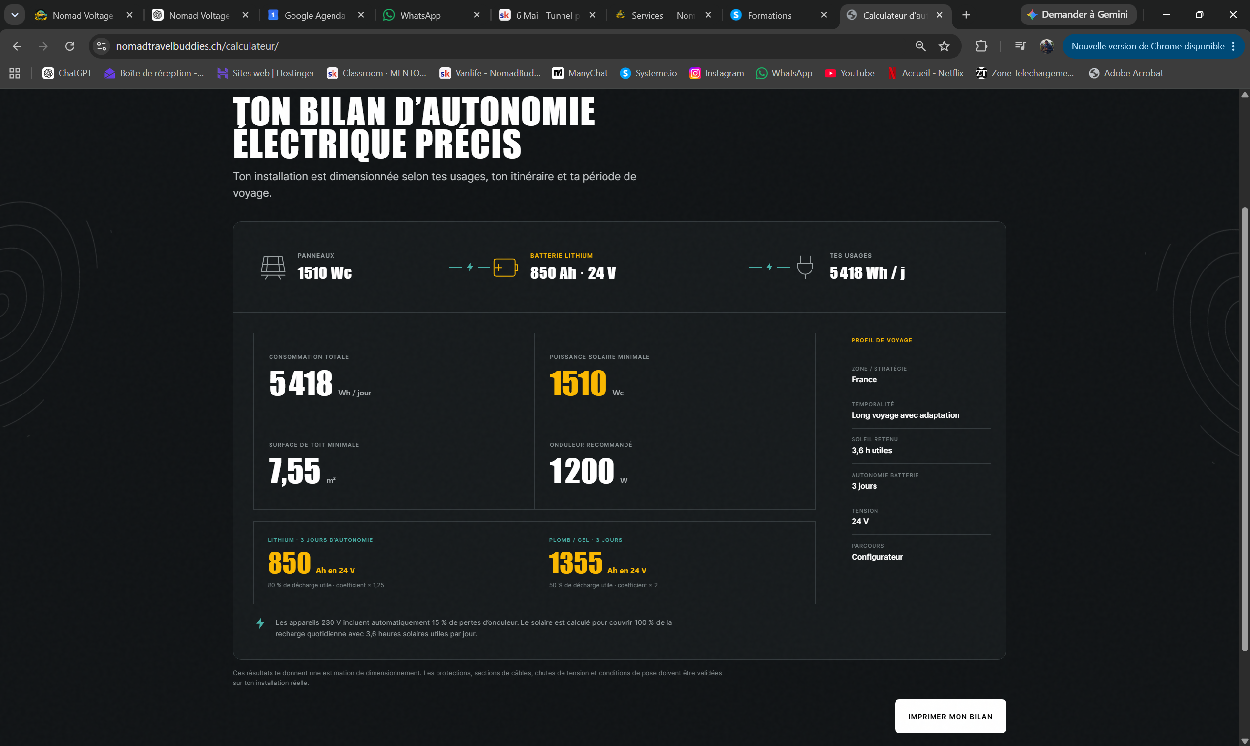 Bilan de consommation, batterie et panneaux solaires pour un van