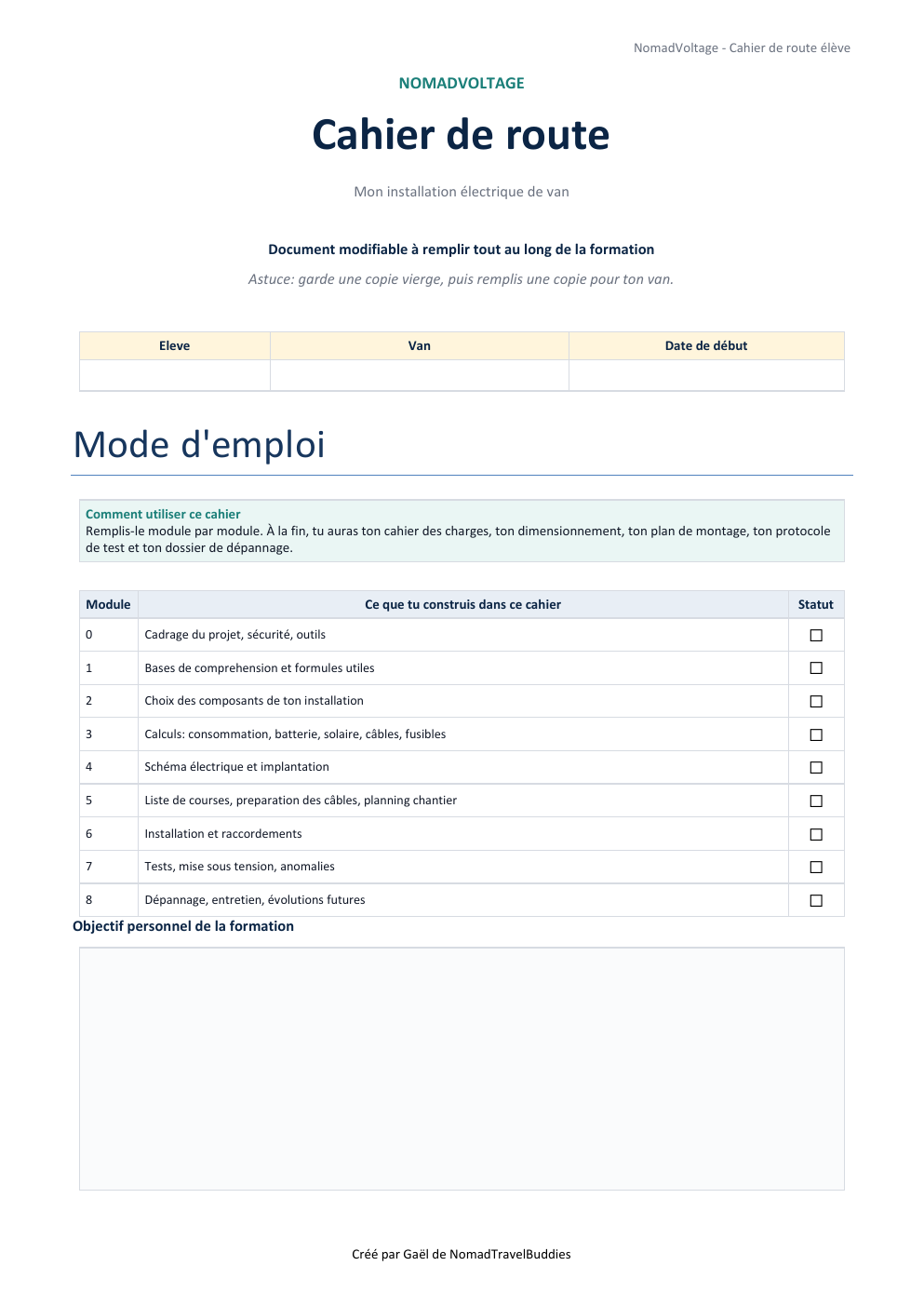 Cahier de route pour documenter une installation électrique de van