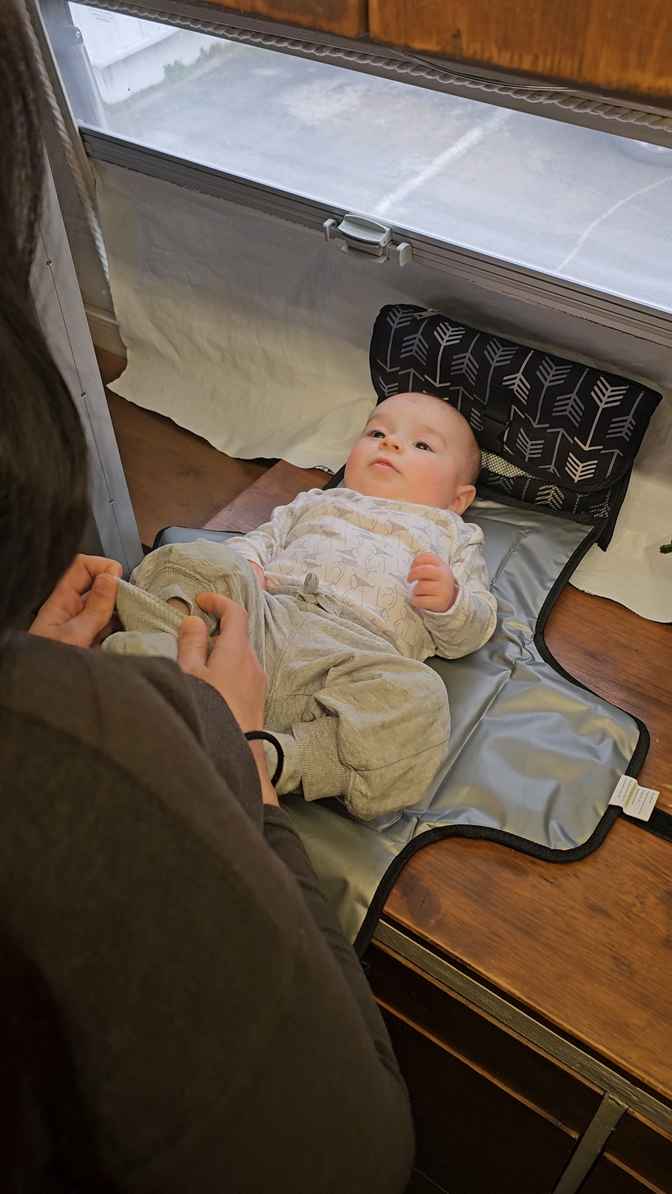 Neo installé sur son matelas à langer dans le van