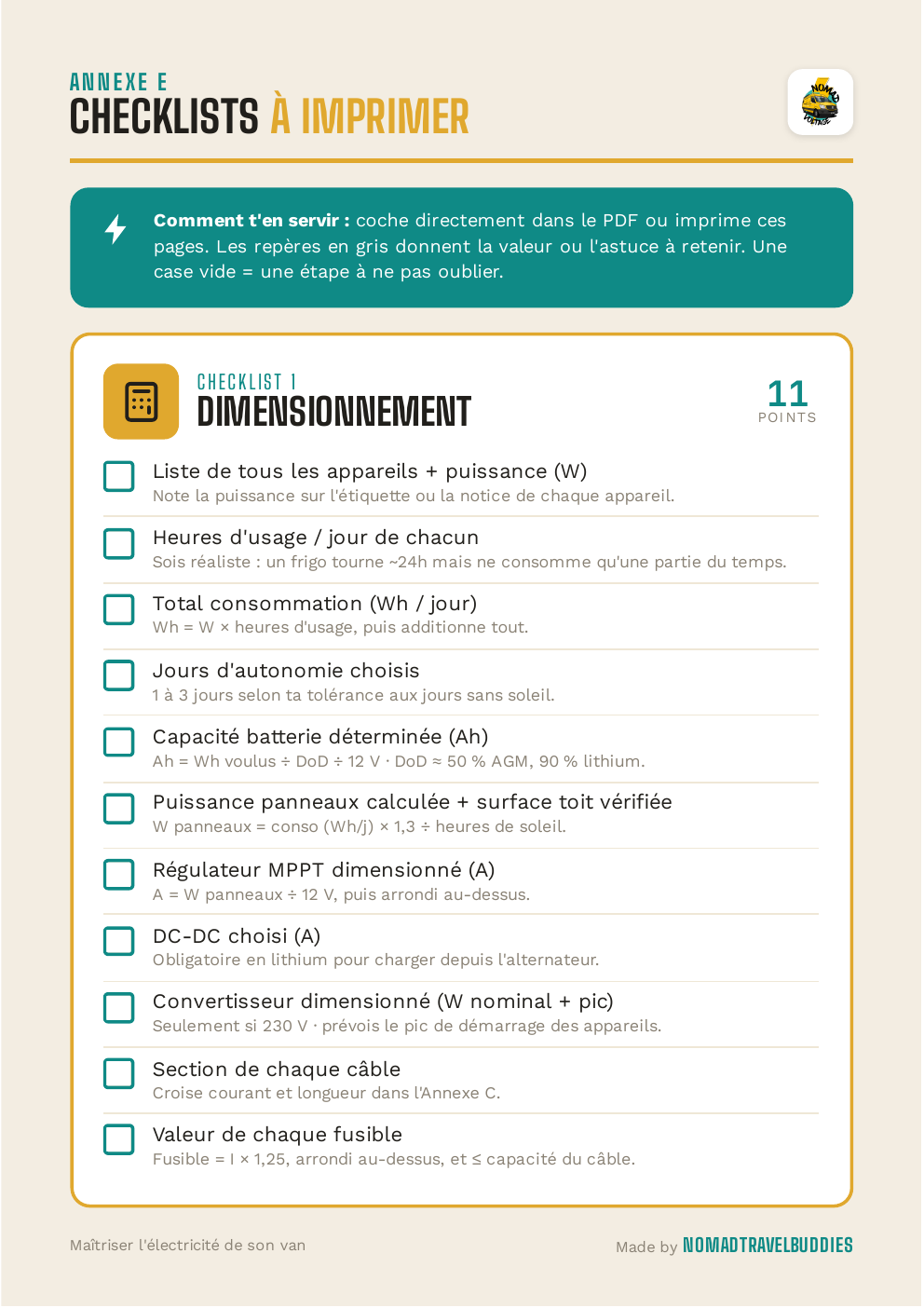 Checklist des étapes pour dimensionner l’installation électrique d’un van