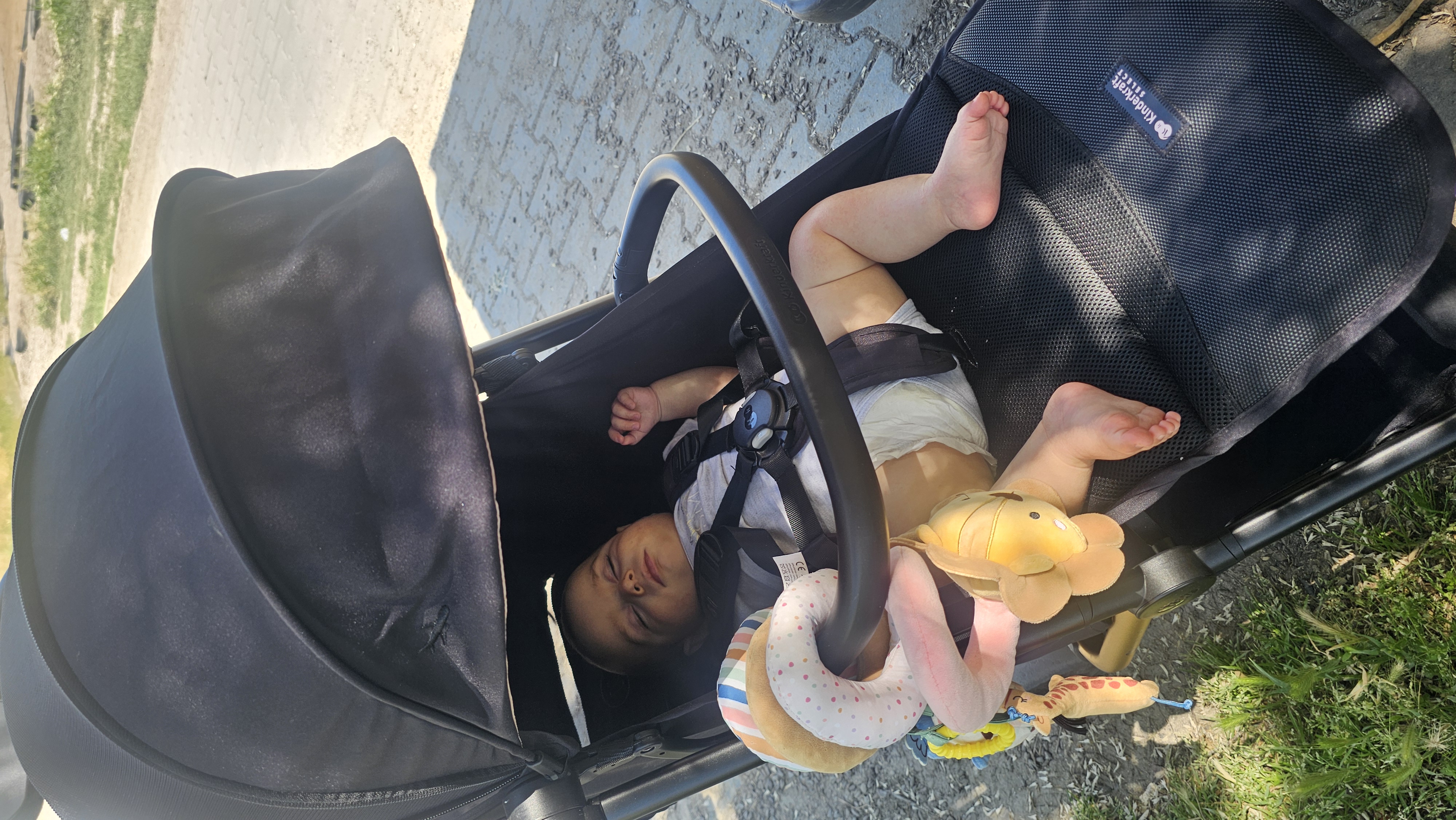 Neo fait la sieste dans sa poussette pendant une étape du voyage